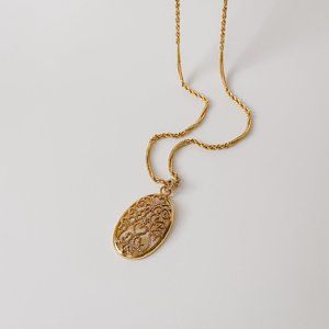 1928 Brand 32" Victorian Revival Oval Filigree Pendant Gold Chain Necklace